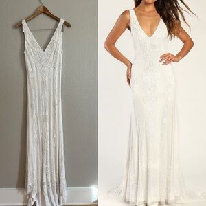 Passionate Romance White Beaded Sequin Mermaid Maxi Dress